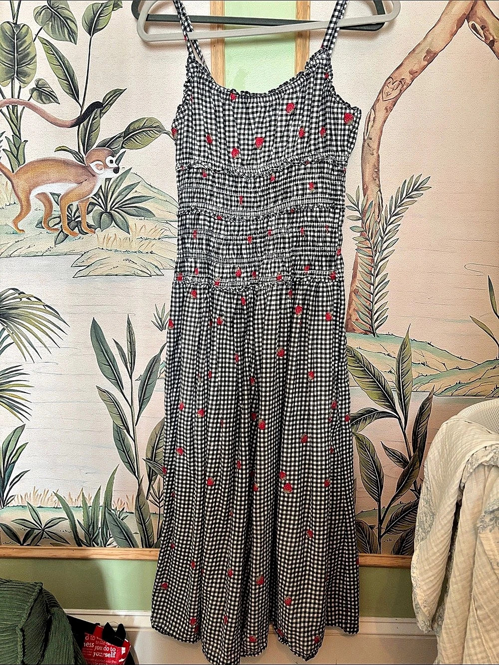 Rosie & Fitz Gingham Strawberry Maxi Dress in Black & Red Size Medium